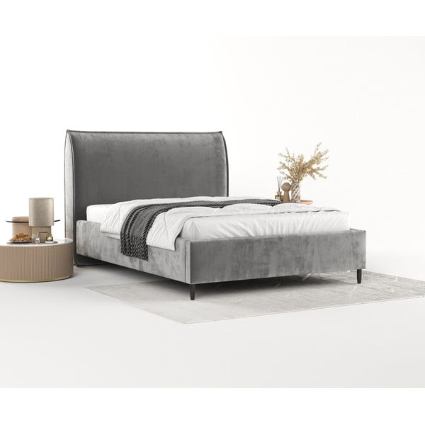 Szare tapicerowane łóżko dwuosobowe ze schowkiem i stelażem 140x200 cm Shell – Maison de Rêve-image-2