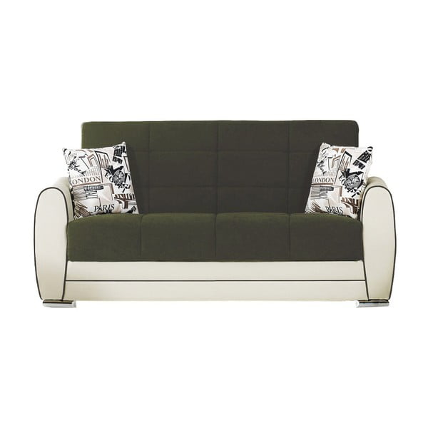 Ciemnozielono-kremowa dwuosobowa sofa rozkładana ze schowkiem Esidra Rest