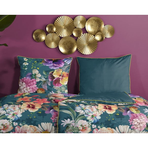 Ciemnozielona pościel jednoosobowa z bawełny organicznej Descanso Sunflower, 140x200 cm-image-2