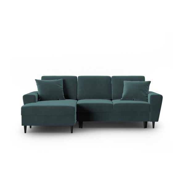 Morski aksamitny rozkładany narożnik ze schowkiem (lewostronny/z szezlongiem) Kyoto – Cosmopolitan Design