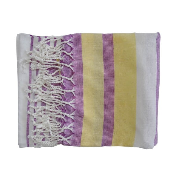 Fioletowo-żółty ręcznik tkany ręcznie z wysokiej jakości bawełny Hammam Rio, 100x180 cm