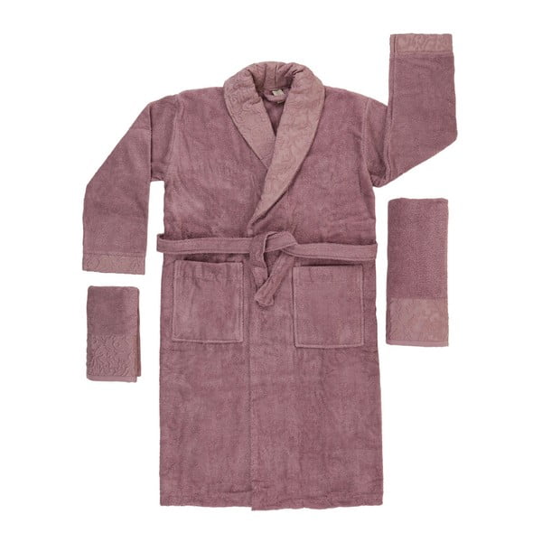 Różowo-fioletowy zestaw szlafroka i 2 ręczników (mały i kąpielowy) ze 100% bawełny Crespo, rozm. M/L