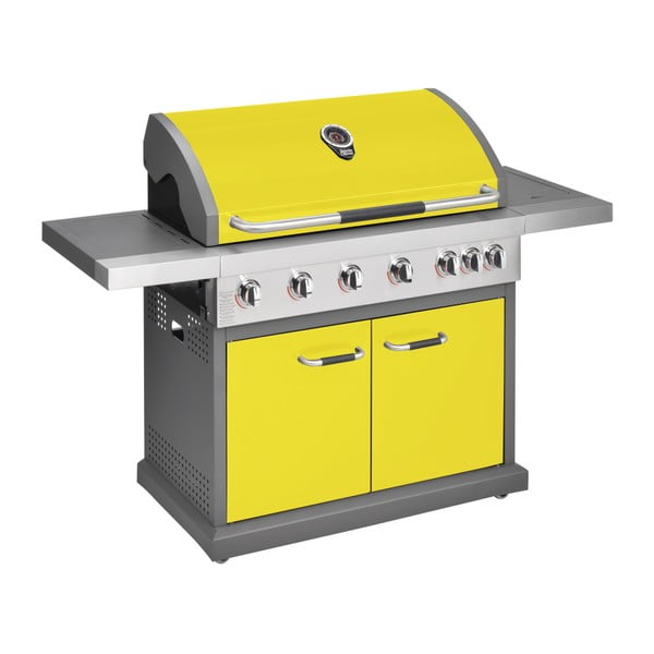 Żółty grill gazowy z 6 palnikami, termometrem i boczną kuchenką Jamie Oliver Pro