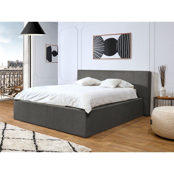 Ciemnoszare tapicerowane łóżko dwuosobowe ze schowkiem i stelażem 160x200 cm Nihad – Bobochic Paris-image-1