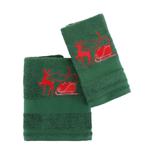 Zestaw 2 zielonych ręczników ze świątecznym motywem Reindeer Christmas