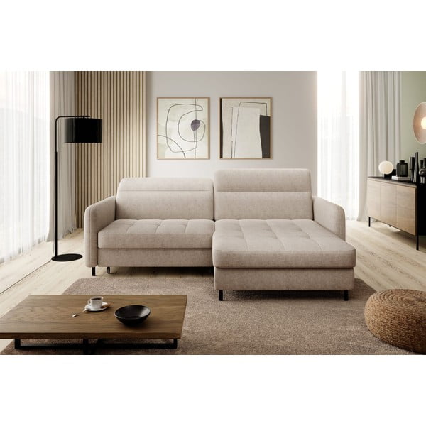 Beżowy rozkładany/ze schowkiem narożnik z tkaniny szenilowej (prawostronny/z szezlongiem) Gomsi – ELTAP-image-1