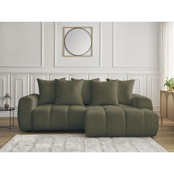 Rozkładany narożnik z materiału bouclé ze schowkiem (prawostronny/z szezlongiem) w kolorze khaki Roxelane – Bobochic Paris-image-1