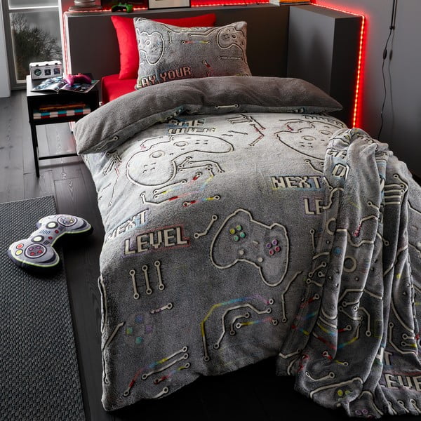 Szary koc dziecięcy z efektem fluorescencyjnym z mikropluszu 130x170 cm Game Over – Catherine Lansfield-image-1