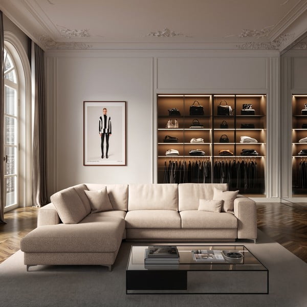 Beżowy rozkładany narożnik ze schowkiem z materiału bouclé (lewostronny/w kształcie litery L) Rene – Rodier-image-1