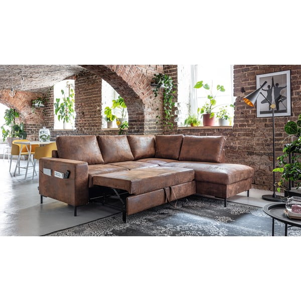 Brązowy rozkładany narożnik z imitacji skóry (prawostronny) Lofty Lilly – Miuform-image-4