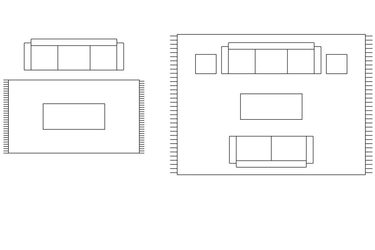 Do większego salonu wybierz dywan, którego rozmiar będzie wykraczać poza obrys mebli do siedzenia.