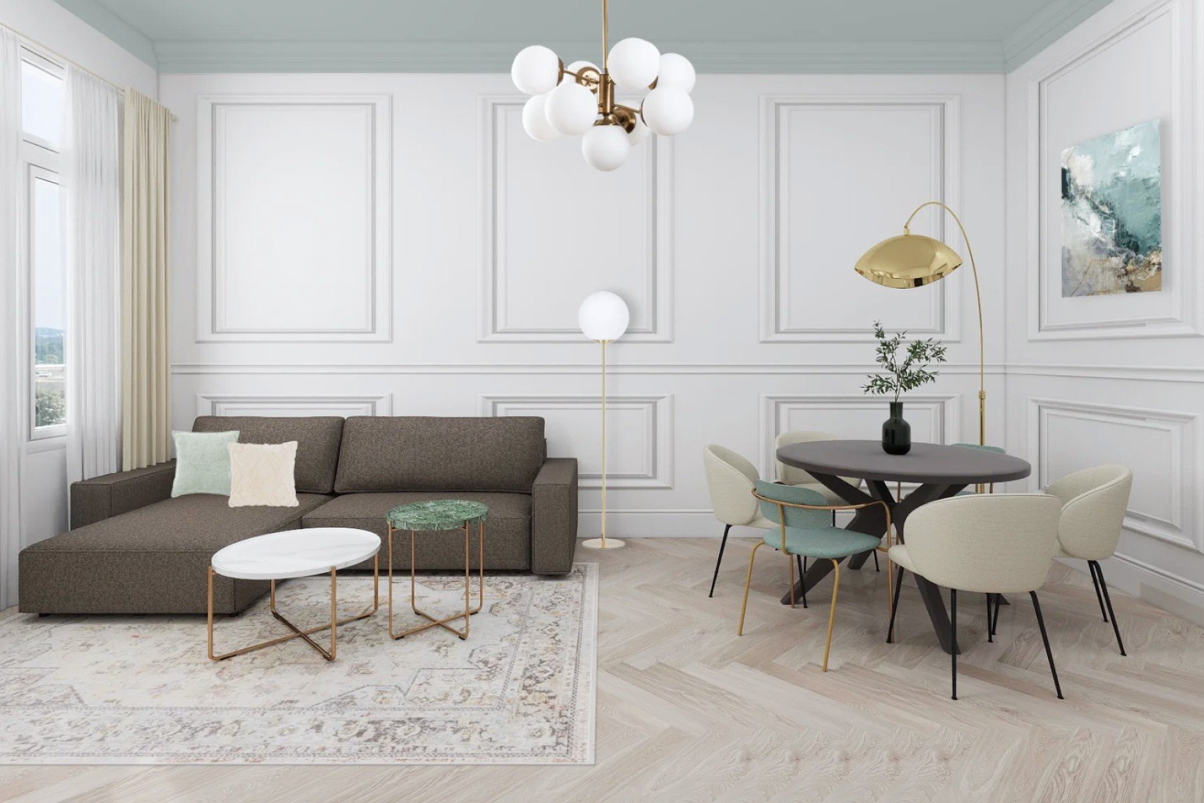 Projekt przestrzeni dziennej opierał się na wysokich sufitach, symetrii i subtelnych elementach glamour.