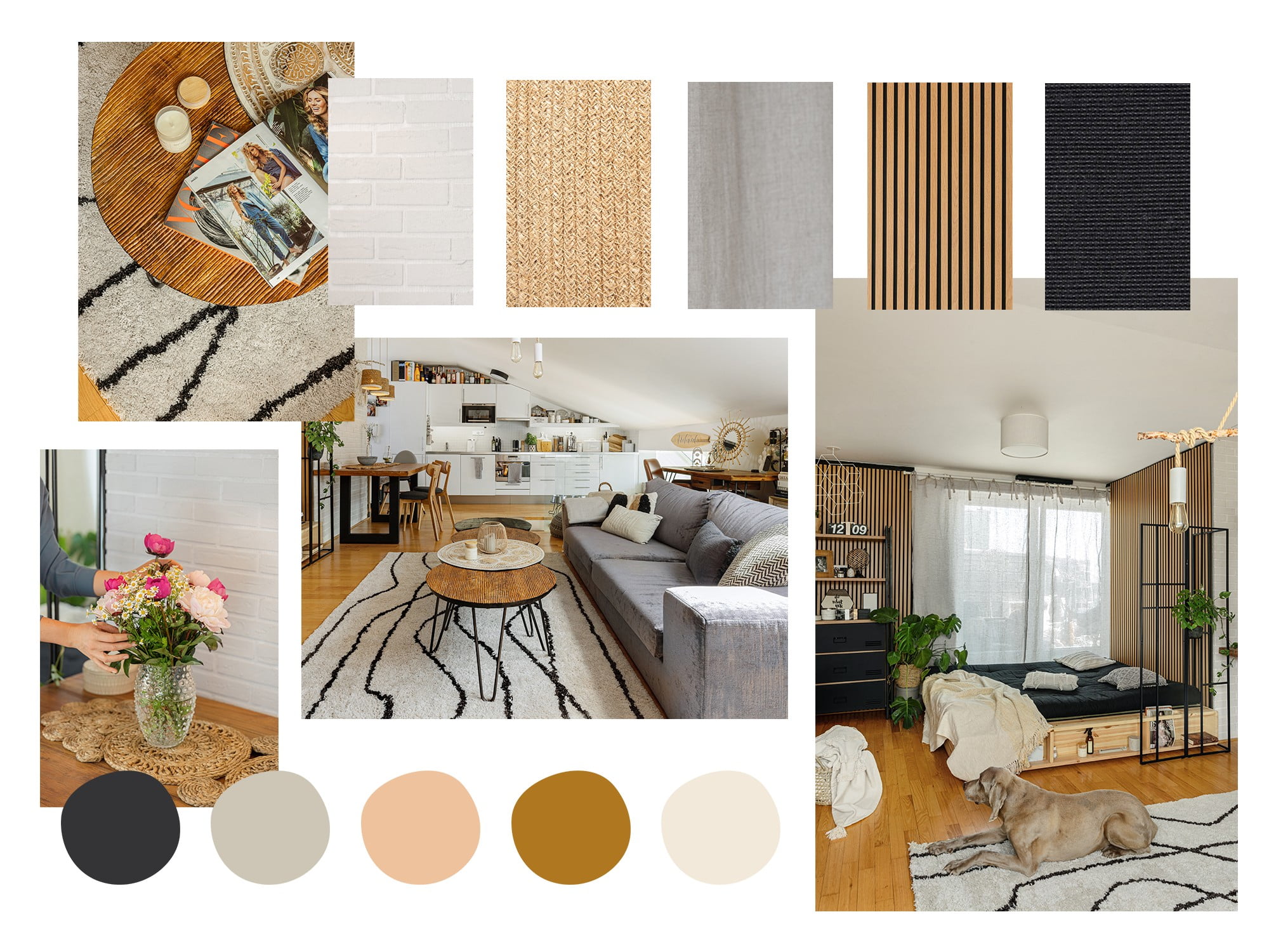 Połączenie kolorów i materiałów we wnętrzu mieszkania Nikol.