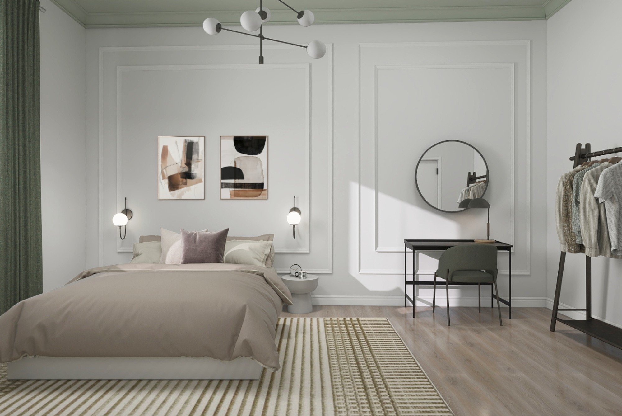 Projekt pracuje z ciemną kolorystyką i sprytnym podziałem przestrzeni, w której znalazło się miejsce na sypialnię i kąt do pracy.