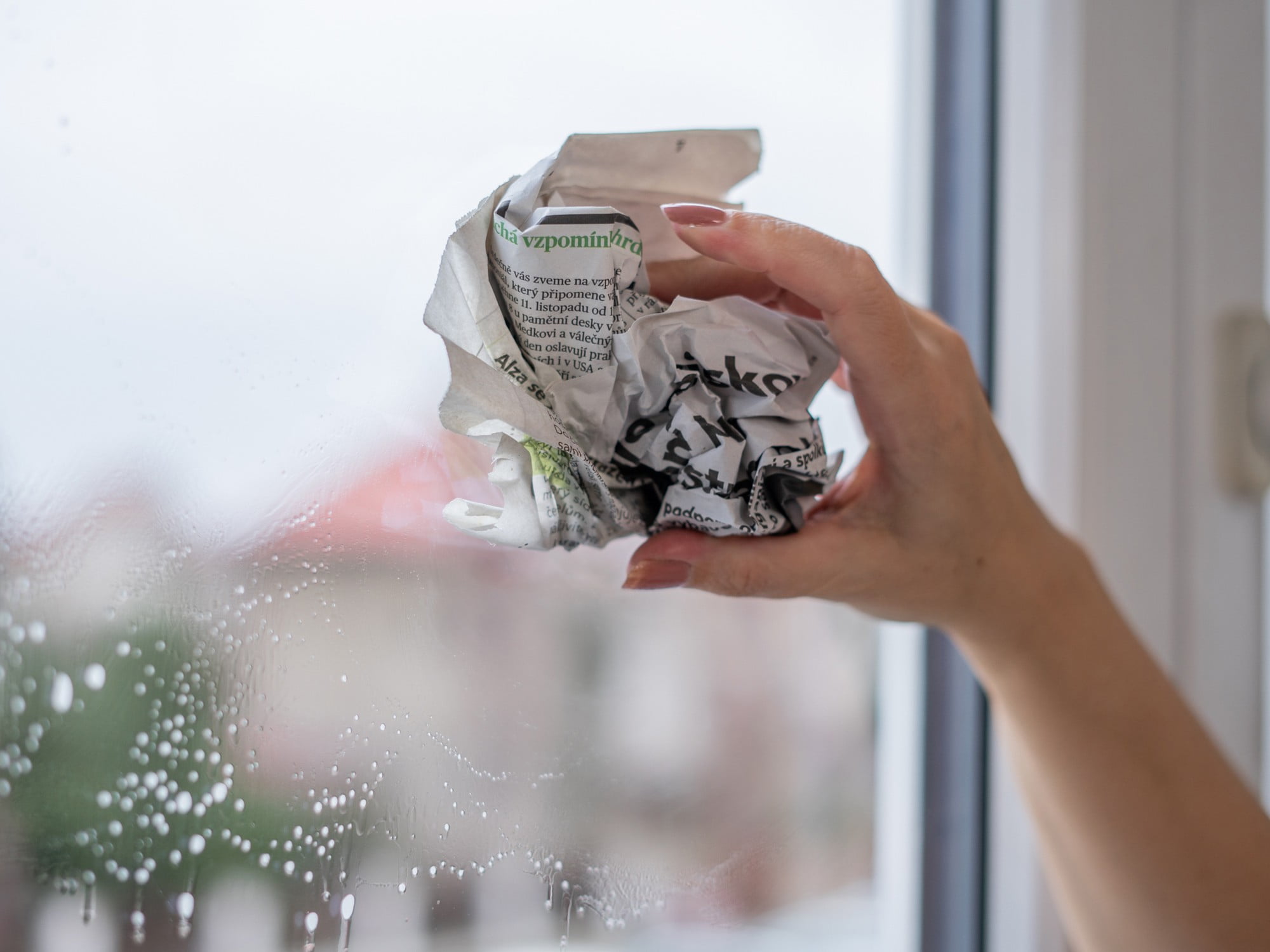 Uważaj na mycie okien gazetami: część farby może z nich wyciekać i plamić jasne ramy okienne.