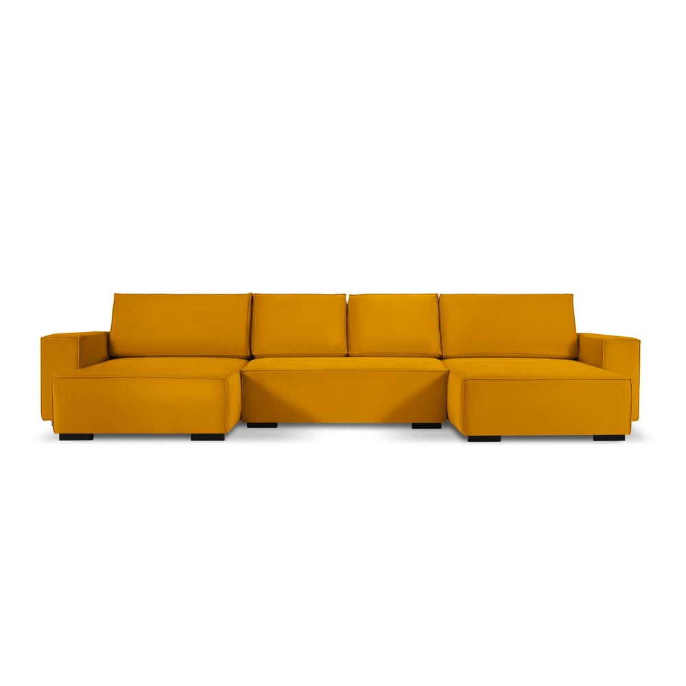 Żółta sztruksowa rozkładana sofa w kształcie 
