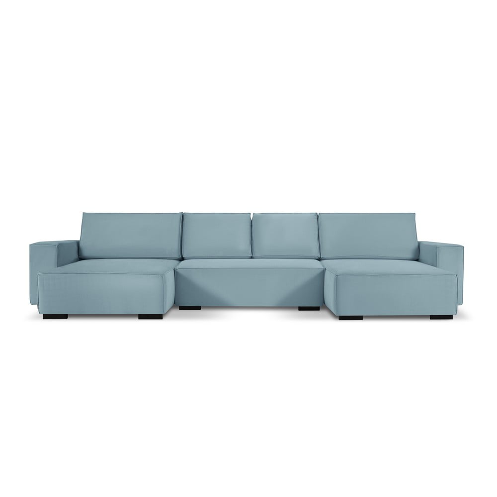 Jasnoniebieska sztruksowa rozkładana sofa w kształcie 