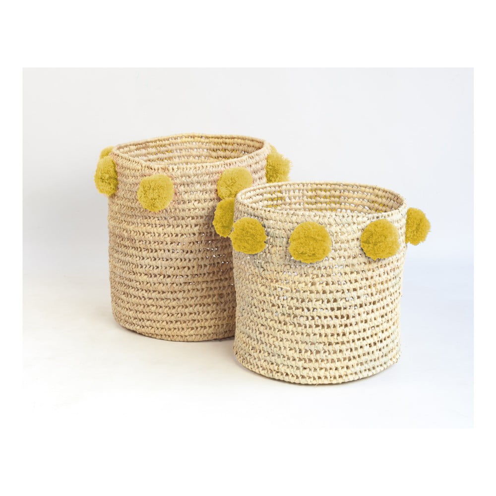 Zestaw 2 koszy z włókien palmowych z żółtymi dekoracjami Madre Selva Milo Basket
