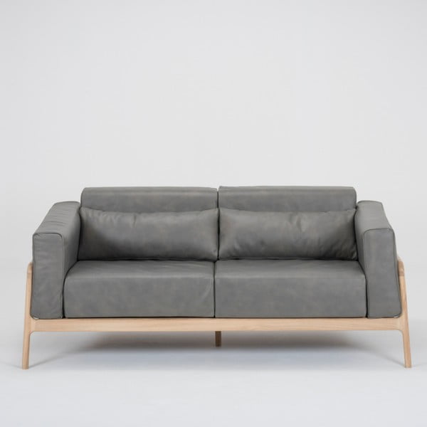 Ciemnoszara sofa z bawolej skóry z konstrukcją z litego drewna dębowego Gazzda Fawn, 180 cm
