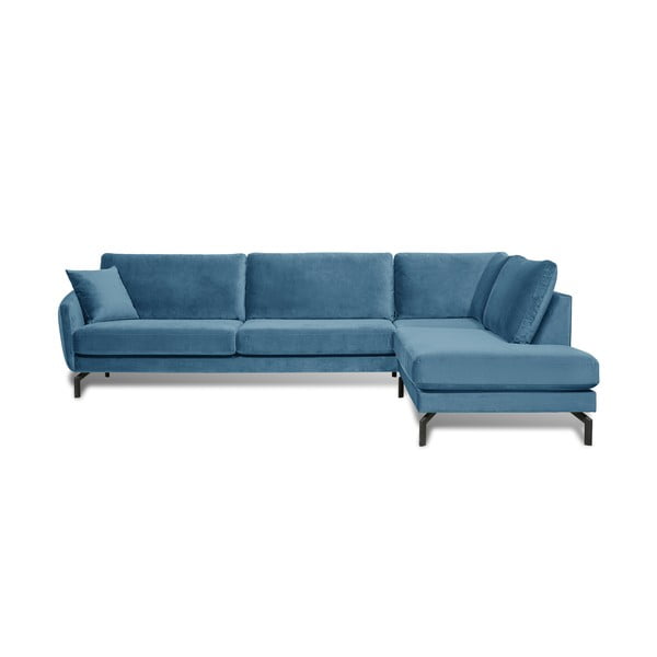 Niebieska sofa narożna z aksamitnym obiciem Scandic Magic, prawy narożnik