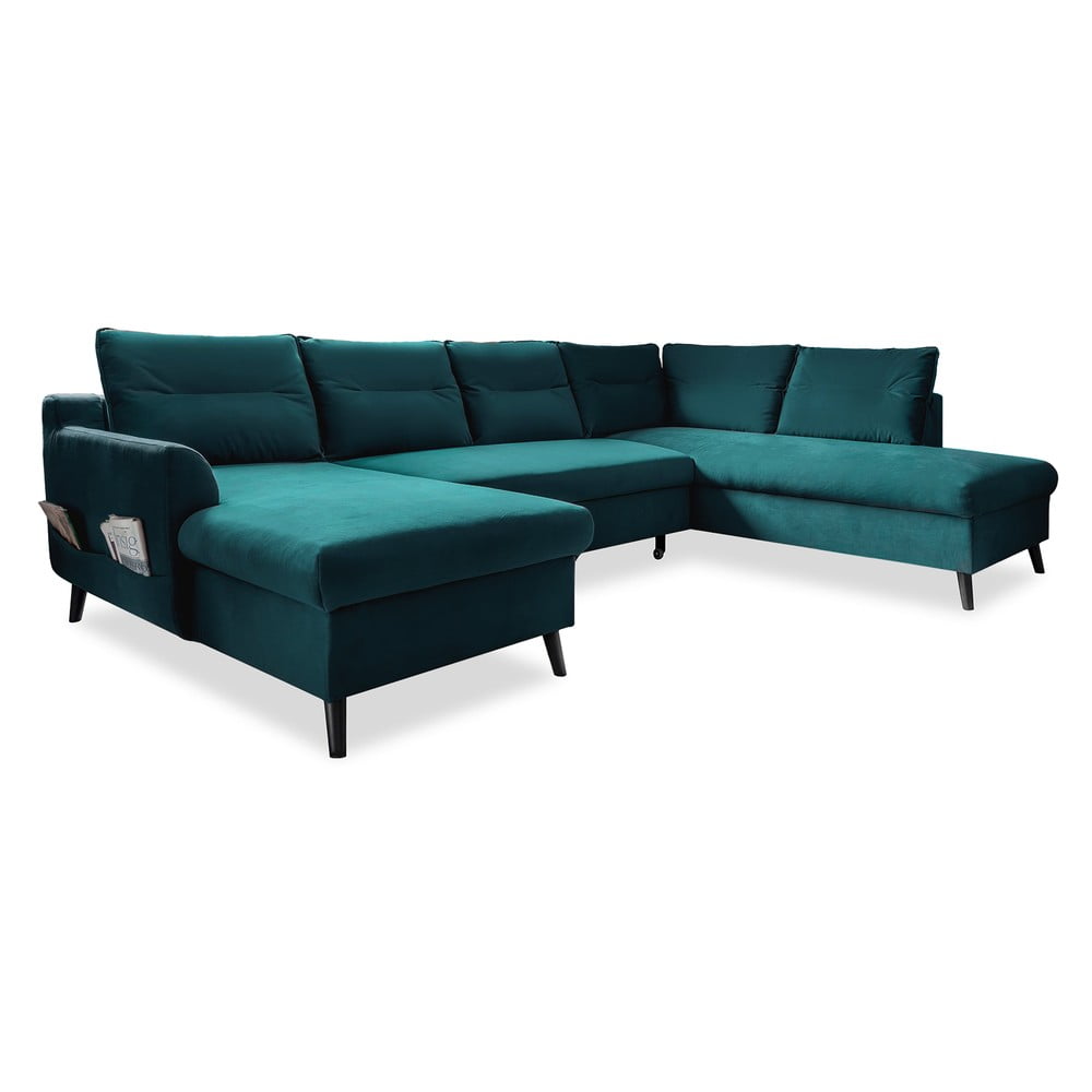 Turkusowa aksamitna rozkładana sofa w kształcie litery "U" Miuform Stylish Stan, prawostronna
