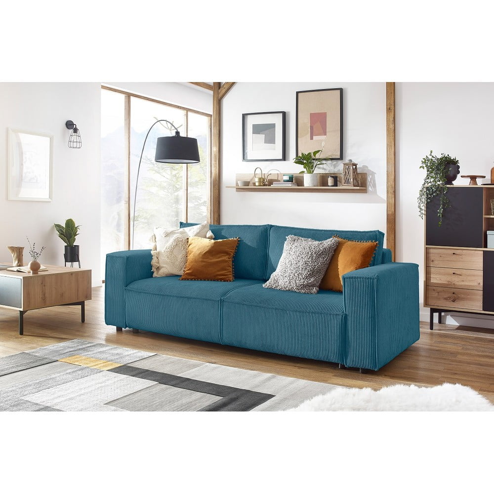 Turkusowa sztruksowa rozkładana sofa 245 cm Nihad – Bobochic Paris