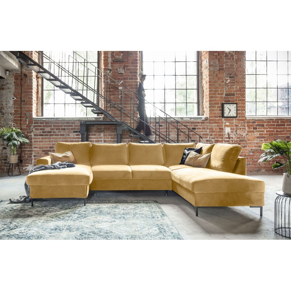 Musztardowożółta aksamitna rozkładana sofa w kształcie litery "U" Miuform Lofty Lilly, prawostronna