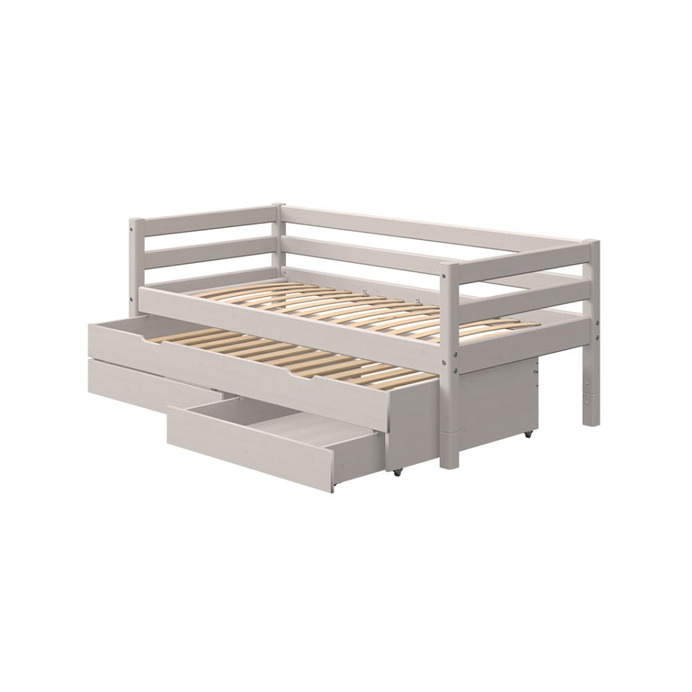 Szara dziecięce łóżko z drewna sosnowego z dodatkowym wysuwanym łóżkiem i szufladą Flexa Classic