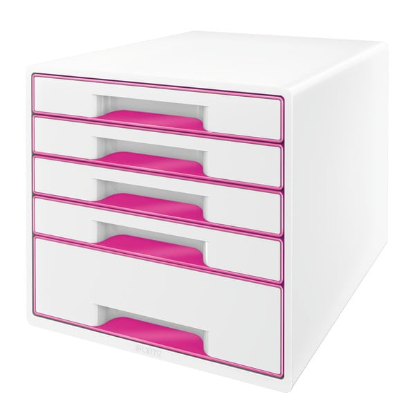 Biało-różowy pojemnik z szufladami Leitz WOW CUBE, 5 szufladek