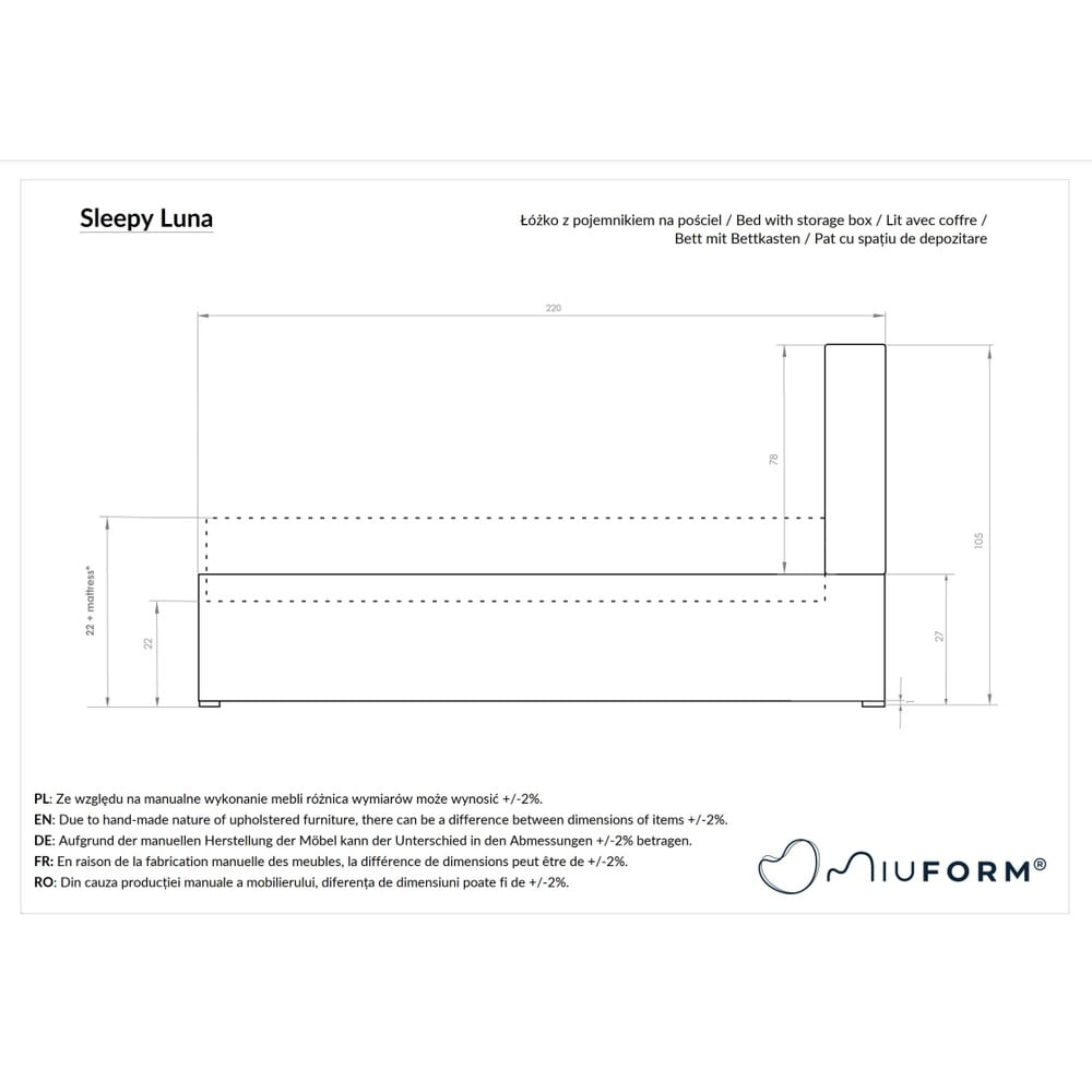 Beżowe tapicerowane łóżko dwuosobowe ze stelażem 180x200 cm Sleepy Luna – Miuform