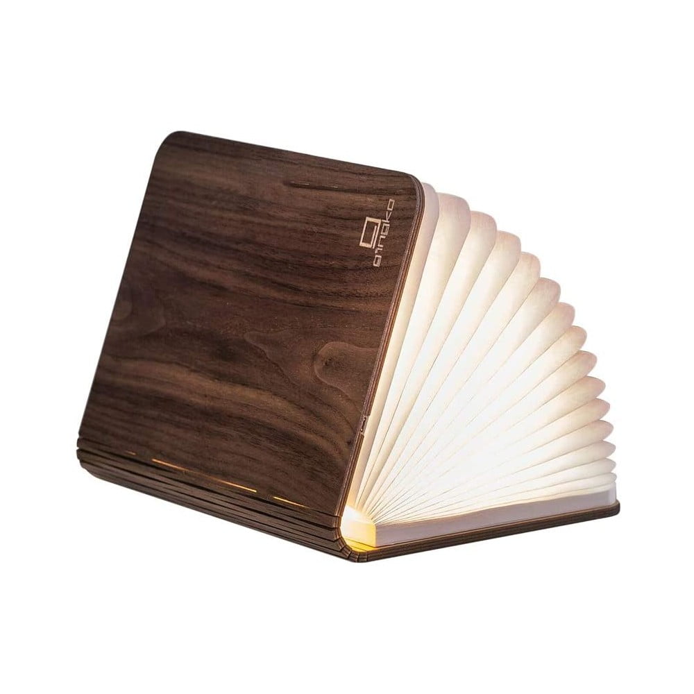 Ciemnobrązowa lampa stołowa LED z drewna orzechowego w kształcie książki Gingko Standard