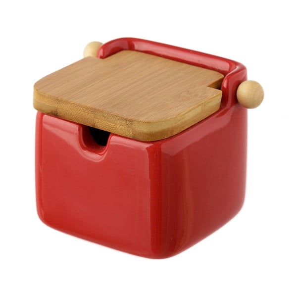 Czerwony pojemnik kamionkowy na sól z bambusowym wieczkiem Unimasa 250 ml