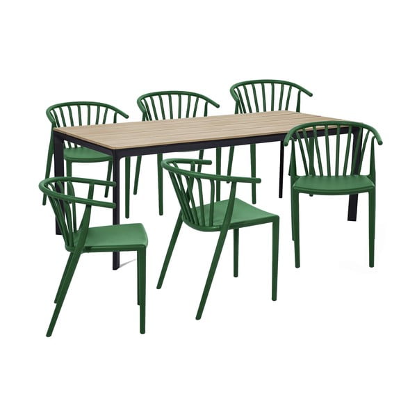 Zestaw ogrodowy dla 6 osób z zielonymi krzesłami Capri i stołem Thor, 210x90 cm