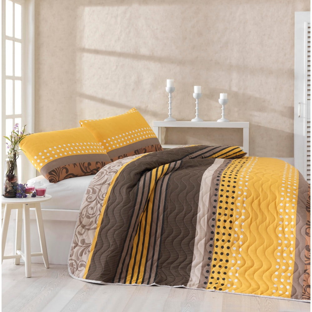 Zestaw narzuty na łóżko i 2 poszewek na poduszkę z domieszką bawełny Miranda Yellow, 200x220 cm