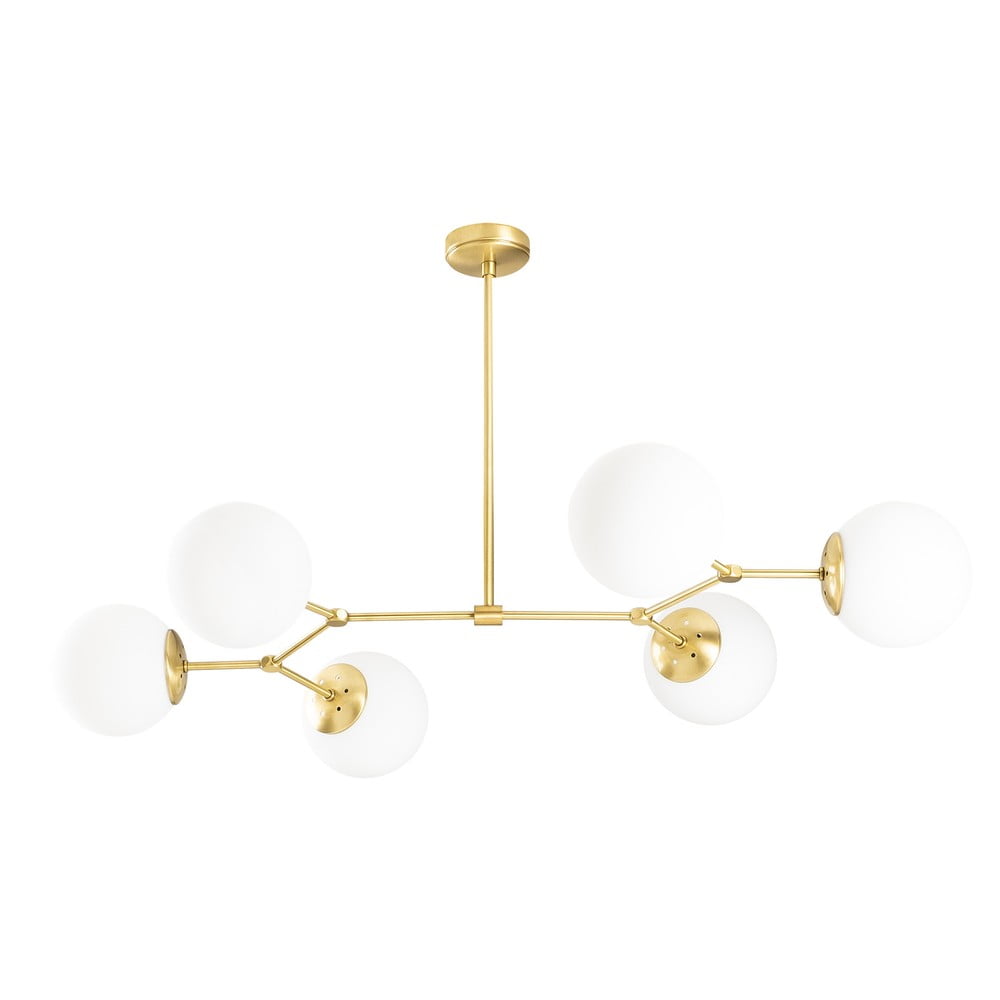 Biała lampa wisząca z 6 kloszami z elementami w kolorze złota Opviq lights Damar Horizontal
