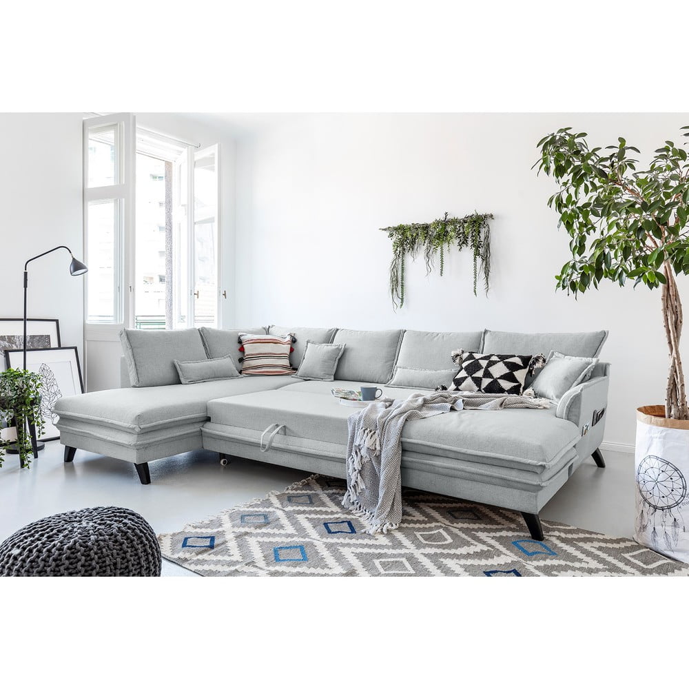 Jasnoszara rozkładana sofa w kształcie litery "U" Miuform Charming Charlie, lewostronna