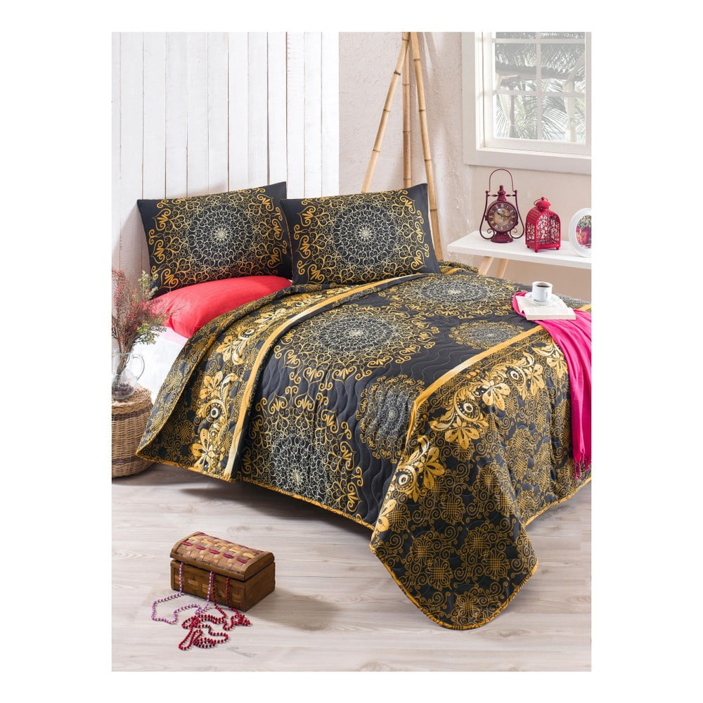 Zestaw narzuty na łóżko i poszewki na poduszkę z domieszką bawełny Sehri Ala Gold, 160x220 cm