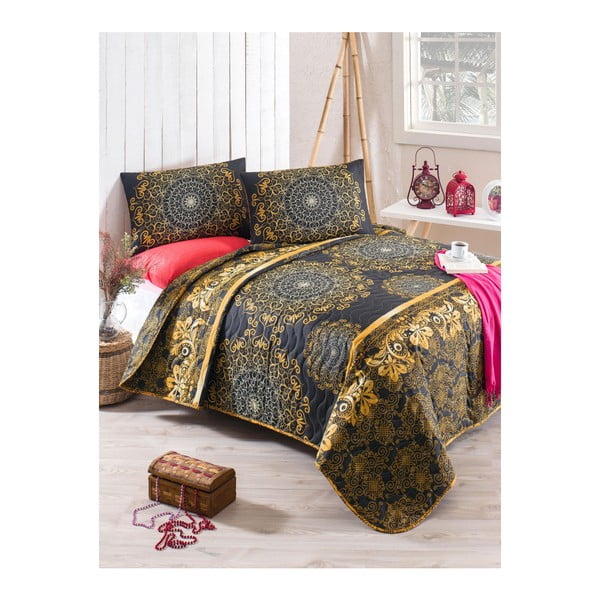 Zestaw narzuty na łóżko i poszewki na poduszkę z domieszką bawełny Sehri Ala Gold, 160x220 cm