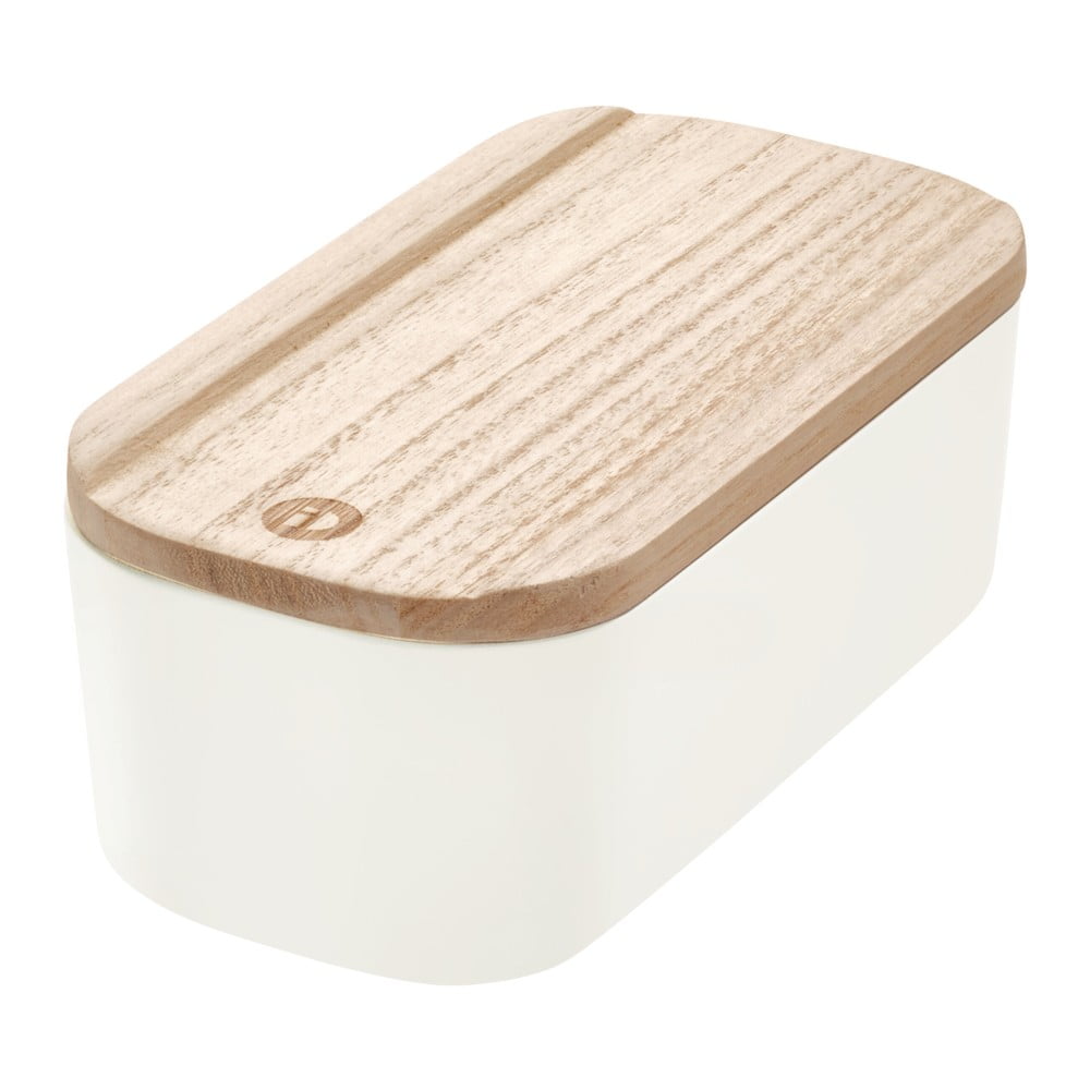Biały pojemnik z pokrywką z drewna paulownia iDesign Eco, 9x18,3 cm