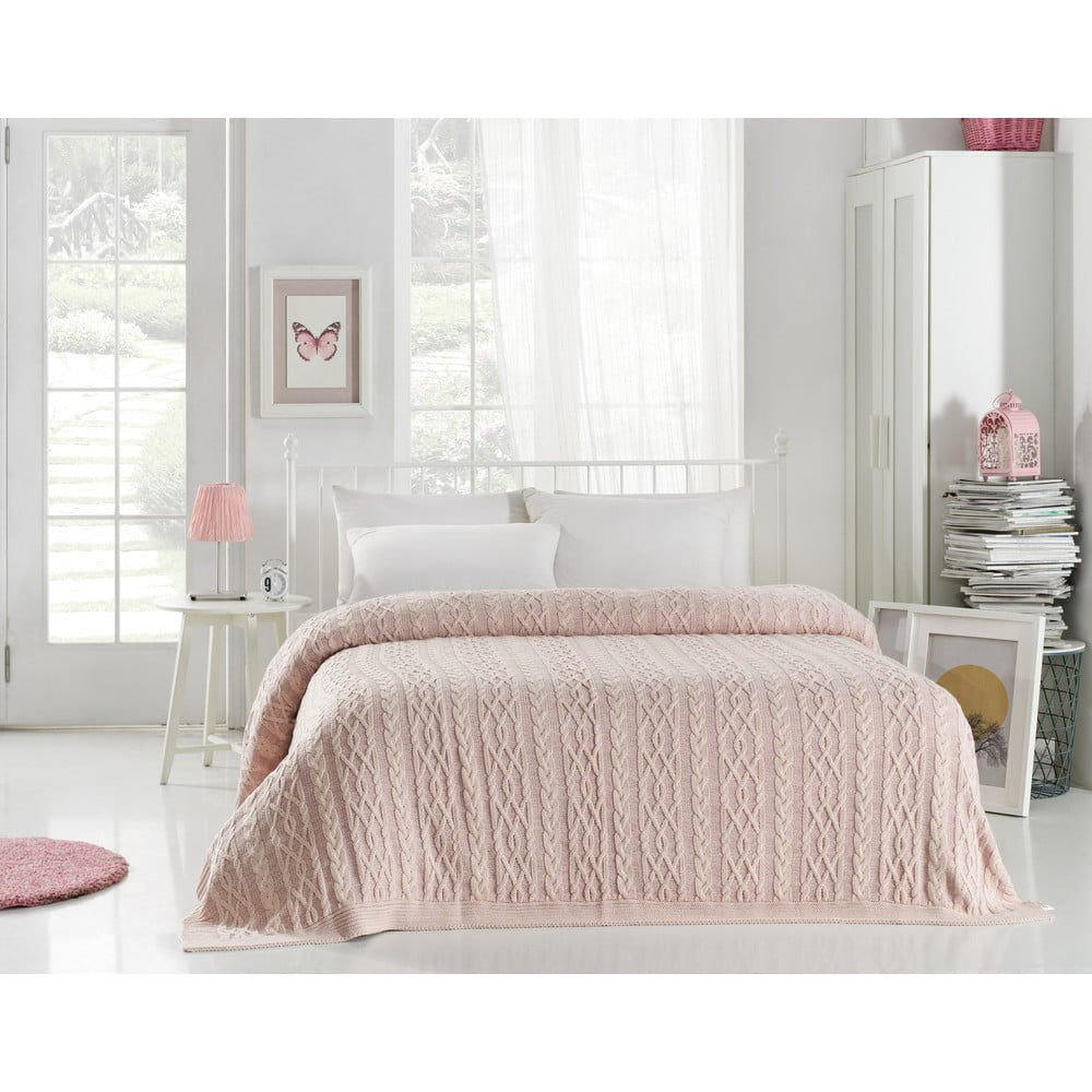 Jasnoróżowa narzuta na łóżko z domieszką bawełny Homemania Decor Knit, 220x240 cm