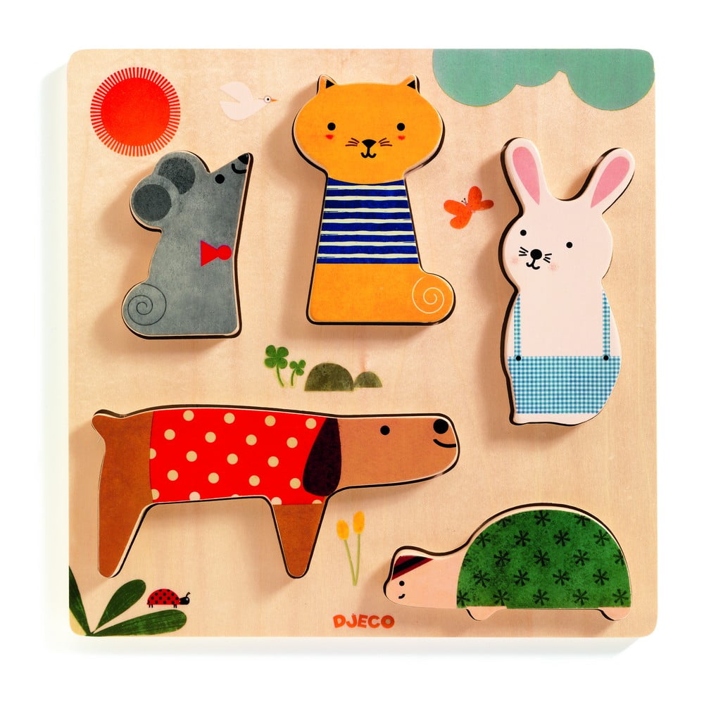 Drewniane puzzle wkładane dla dzieci z motywem zwierząt domowych Djeco