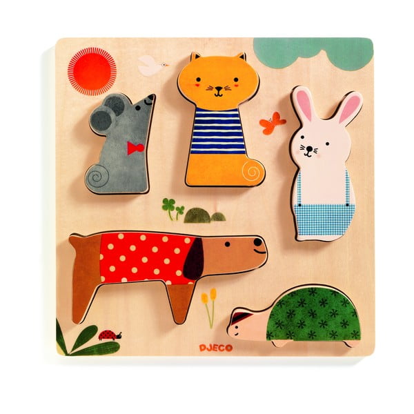 Drewniane puzzle wkładane dla dzieci z motywem zwierząt domowych Djeco