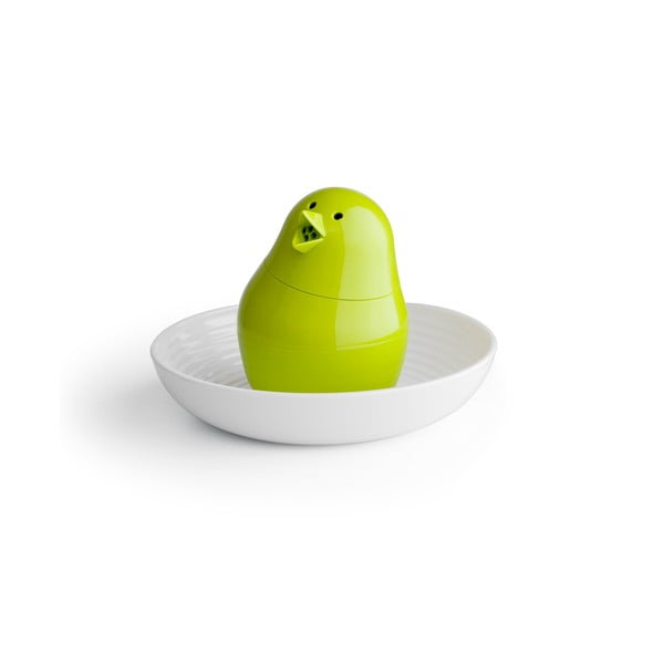 Biało-zielona solniczka z talerzykiem na jajko w kształcie kurczaka Qualy&CO Jib-Jib Shaker