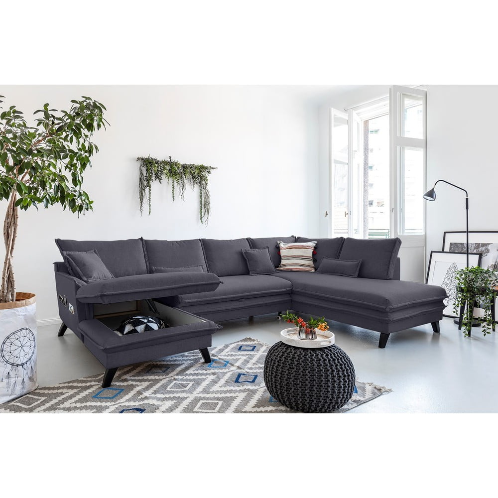 Antracytowa rozkładana sofa w kształcie litery "U" Miuform Charming Charlie, prawostronna