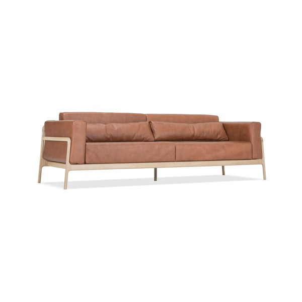 Karmelowa sofa z bawolej skóry z konstrukcją z litego drewna dębowego Gazzda Fawn, 240 cm