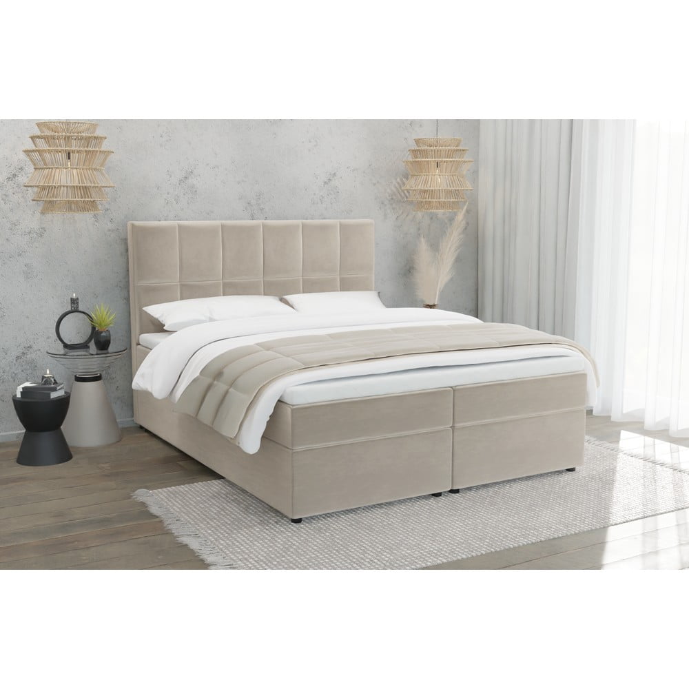 Beżowe łóżko boxspring ze schowkiem 180x200 cm Flip – Ropez