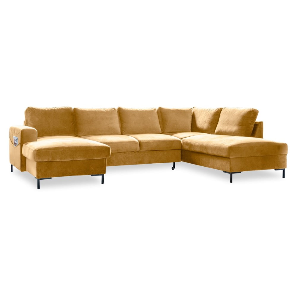 Musztardowożółta aksamitna rozkładana sofa w kształcie litery "U" Miuform Lofty Lilly, prawostronna