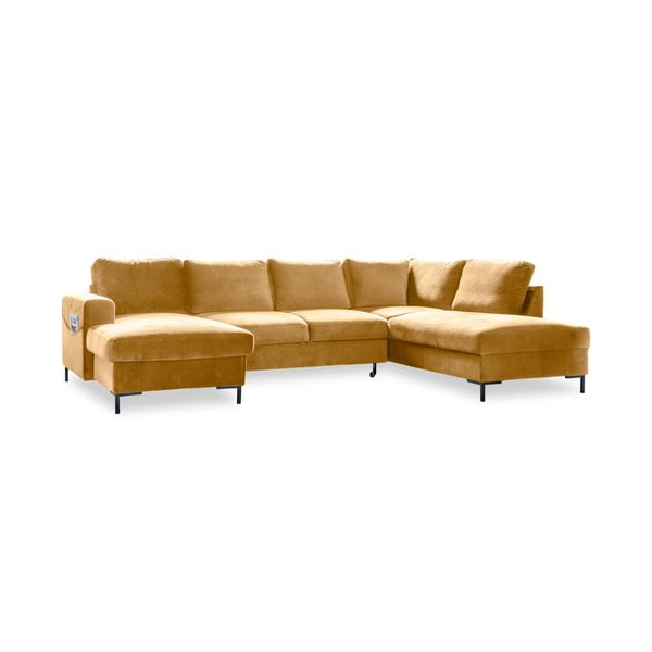 Musztardowożółta aksamitna rozkładana sofa w kształcie litery "U" Miuform Lofty Lilly, prawostronna