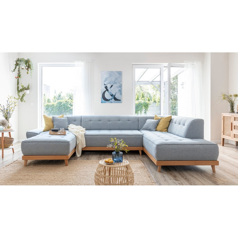 Jasnoniebieska rozkładana sofa w kształcie litery "U" Miuform Dazzling Daisy, prawostronna