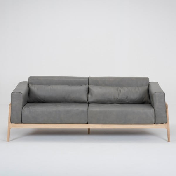 Ciemnoszara sofa z bawolej skóry z konstrukcją z litego drewna dębowego Gazzda Fawn, 210 cm